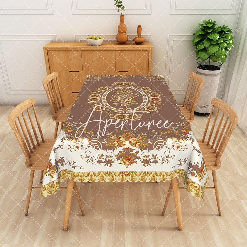 Aperturee - Aperturee Vintage Brown Beige Rose Motif Rectangle Tablecloth