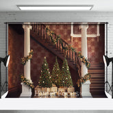 Aperturee - Aperturee Vintage Brown Christmas Vibe Stairs Photo Backdrop