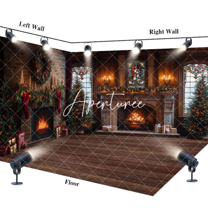 Aperturee - Aperturee Vintage Brown Fireplace Christmas Room Set Backdrop