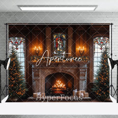 Aperturee - Aperturee Vintage Brown Fireplace Christmas Room Set Backdrop