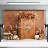 Aperturee - Aperturee Vintage Brown Ornate Book Photography Backdrop with Autumn Flowers Pumpkins and Cozy Fall Harvest Decor