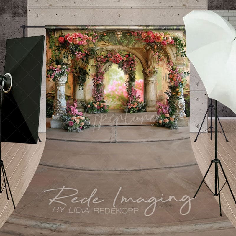 Aperturee - Aperturee Vintage Carved Stone Arch Floral Sweep Backdrop