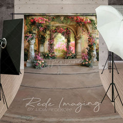 Aperturee - Aperturee Vintage Carved Stone Arch Floral Sweep Backdrop