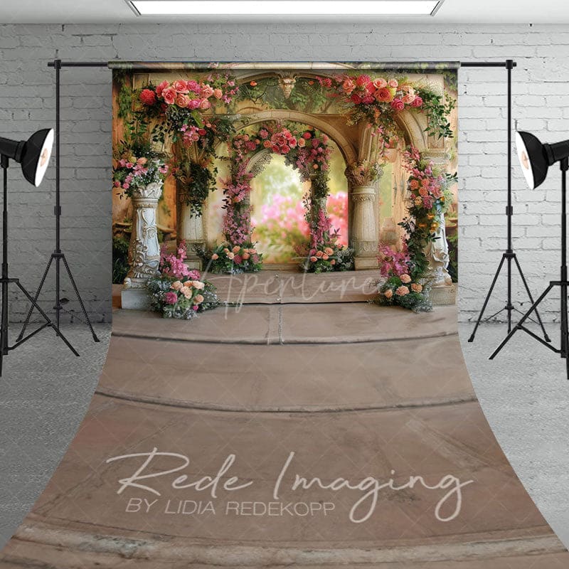 Aperturee - Aperturee Vintage Carved Stone Arch Floral Sweep Backdrop