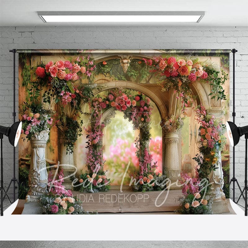 Aperturee - Aperturee Vintage Carved Stone Arch Floral Wedding Backdrop