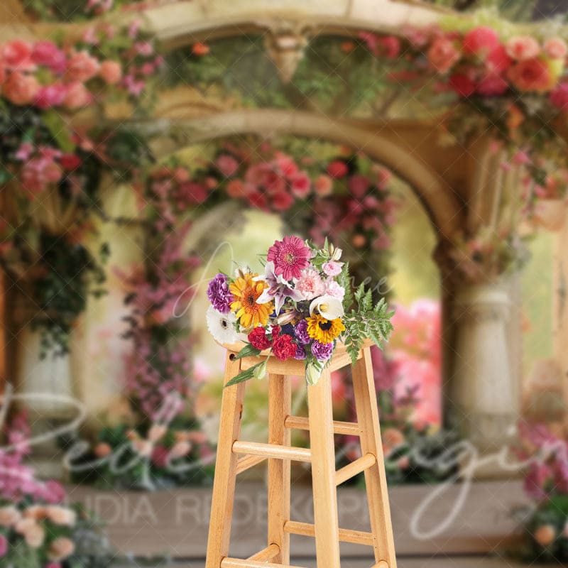 Aperturee - Aperturee Vintage Carved Stone Arch Floral Wedding Backdrop
