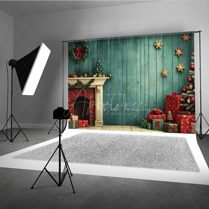 Aperturee Aperturee Vintage Christmas Fireplace Photography Backdrop Teal Wood Wall with Tree and Presents Holiday Studio Photo Prop