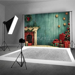 Aperturee Aperturee Vintage Christmas Fireplace Photography Backdrop Teal Wood Wall with Tree and Presents Holiday Studio Photo Prop