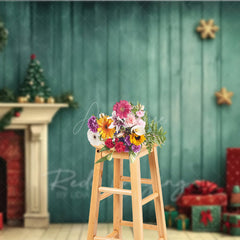 Aperturee Aperturee Vintage Christmas Fireplace Photography Backdrop Teal Wood Wall with Tree and Presents Holiday Studio Photo Prop