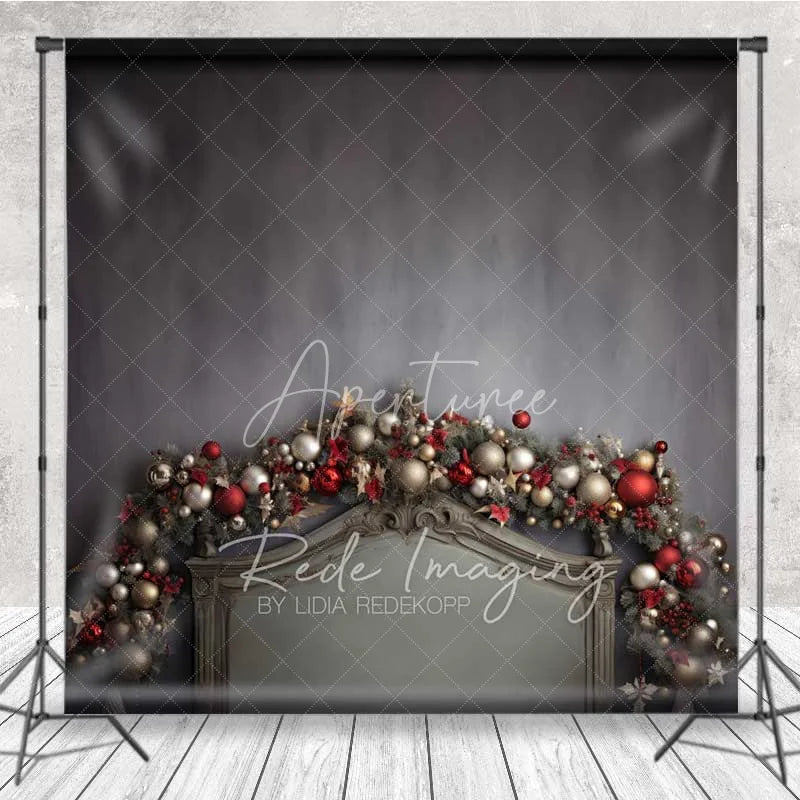 Aperturee - Aperturee Vintage Christmas Headboard Backdrop Dark Grey Wall Elegant Ornament Garland Bed Photo Background