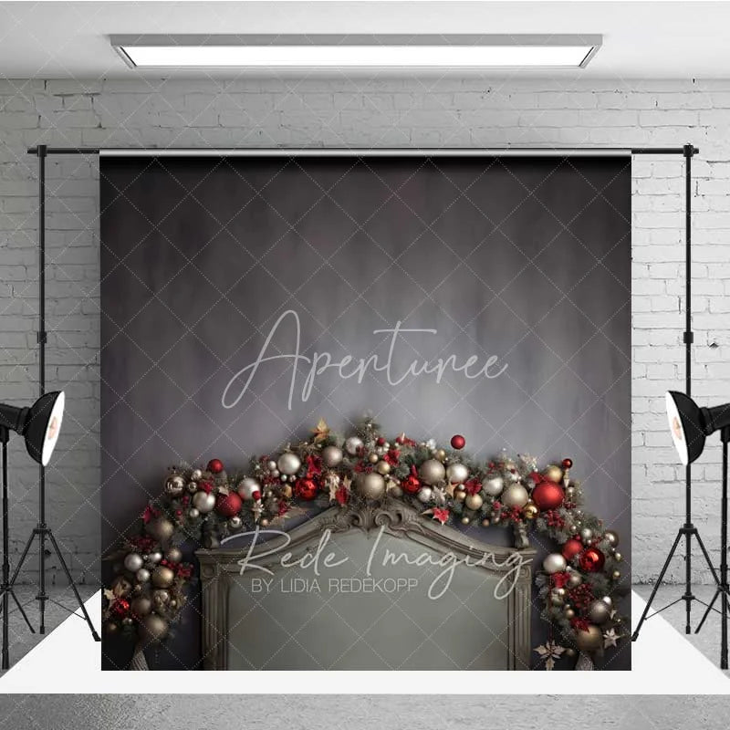 Aperturee - Aperturee Vintage Christmas Headboard Backdrop Dark Grey Wall Elegant Ornament Garland Bed Photo Background
