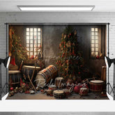Aperturee - Aperturee Vintage Christmas Toy Room Photography Backdrop Rustic Workshop with Drums and Gifts Holiday Studio Photo Prop