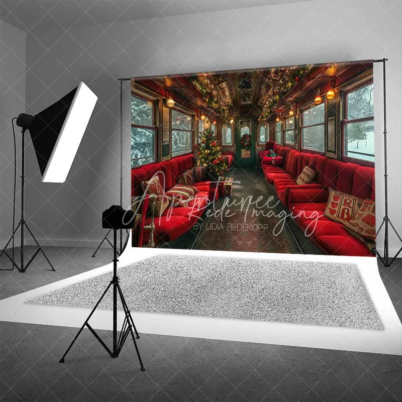Aperturee - Aperturee Vintage Christmas Train Backdrop Red Seats Snowy Window Tree Journey Photo Background