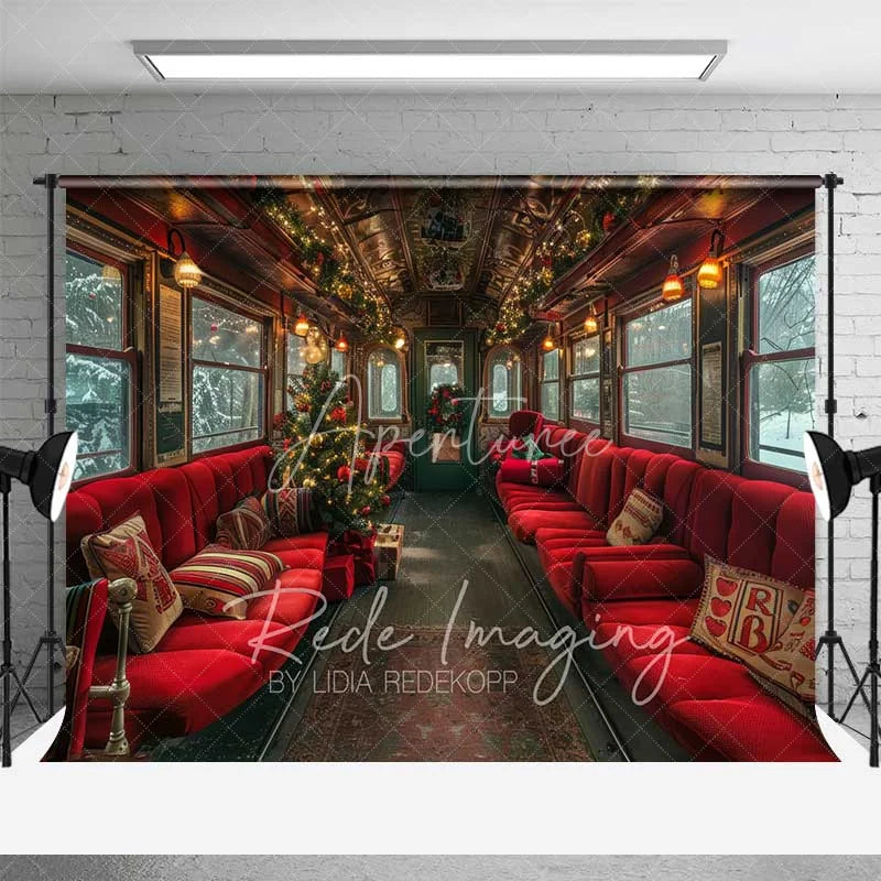 Aperturee - Aperturee Vintage Christmas Train Backdrop Red Seats Snowy Window Tree Journey Photo Background