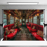 Aperturee - Aperturee Vintage Christmas Train Backdrop Red Seats Snowy Window Tree Journey Photo Background