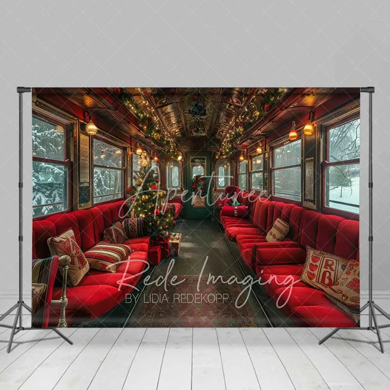 Aperturee - Aperturee Vintage Christmas Train Backdrop Red Seats Snowy Window Tree Journey Photo Background