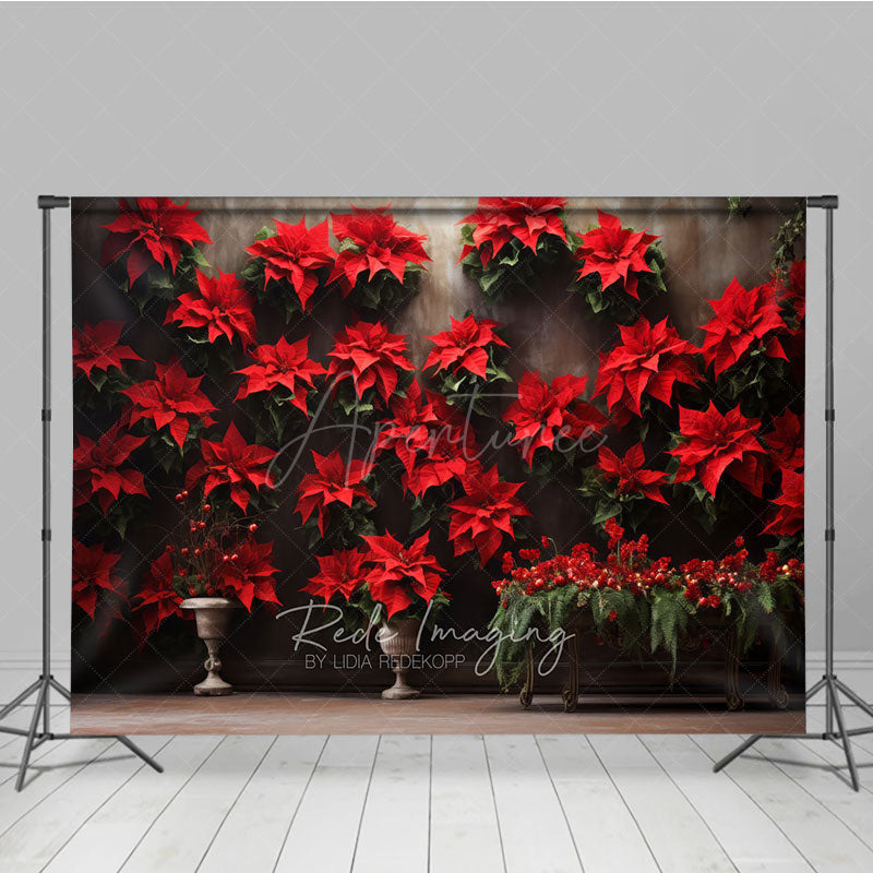Aperturee Aperturee Vintage Christmas Wall Photography Backdrop Red Poinsettia Flowers on a Moody Wall Holiday Studio Photo Prop