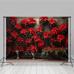 Aperturee Aperturee Vintage Christmas Wall Photography Backdrop Red Poinsettia Flowers on a Moody Wall Holiday Studio Photo Prop