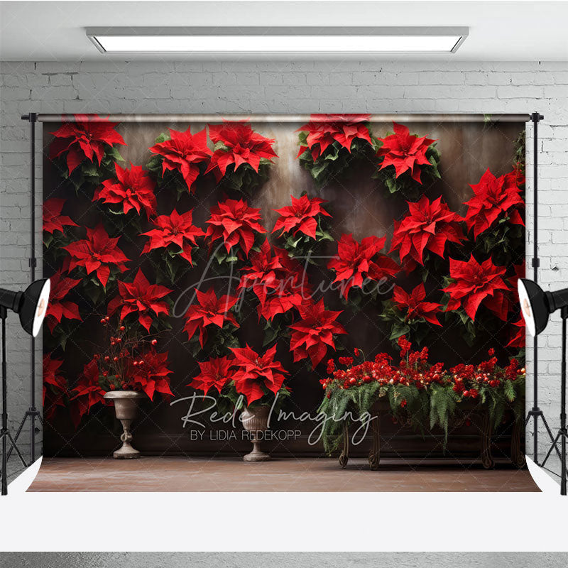 Aperturee Aperturee Vintage Christmas Wall Photography Backdrop Red Poinsettia Flowers on a Moody Wall Holiday Studio Photo Prop
