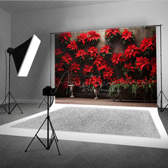 Aperturee Aperturee Vintage Christmas Wall Photography Backdrop Red Poinsettia Flowers on a Moody Wall Holiday Studio Photo Prop