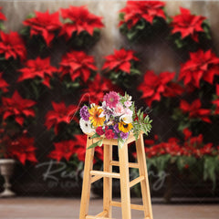 Aperturee Aperturee Vintage Christmas Wall Photography Backdrop Red Poinsettia Flowers on a Moody Wall Holiday Studio Photo Prop