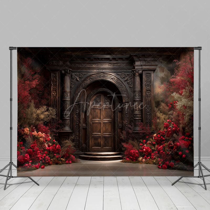 Aperturee - Aperturee Vintage Copper Door Red Floral Wedding Photo Backdrop