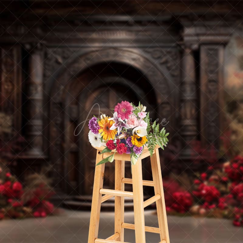 Aperturee - Aperturee Vintage Copper Door Red Floral Wedding Photo Backdrop