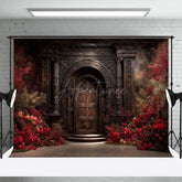 Aperturee - Aperturee Vintage Copper Door Red Floral Wedding Photo Backdrop