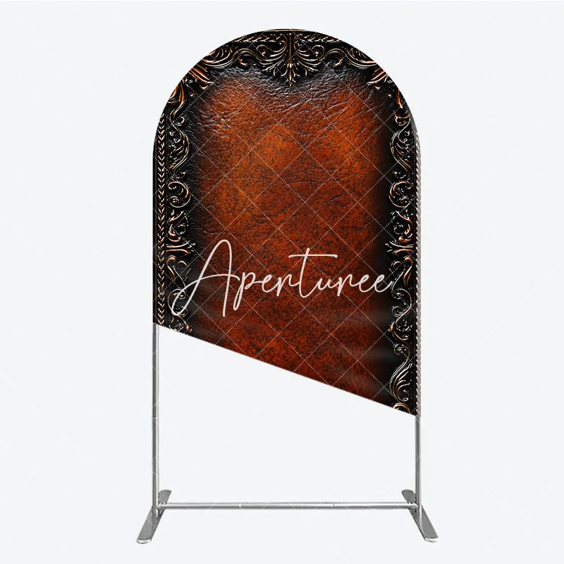 Aperturee - Aperturee Vintage Dark Brown Leather Texture with Ornate Bronze Metallic Frame Round Top Arch Backdrop Classic Photography Prop