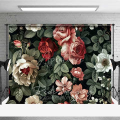 Aperturee - Aperturee Vintage Dark Floral Photography Backdrop Red Pink Roses Pattern Photo Background Moody Romantic Photo Prop