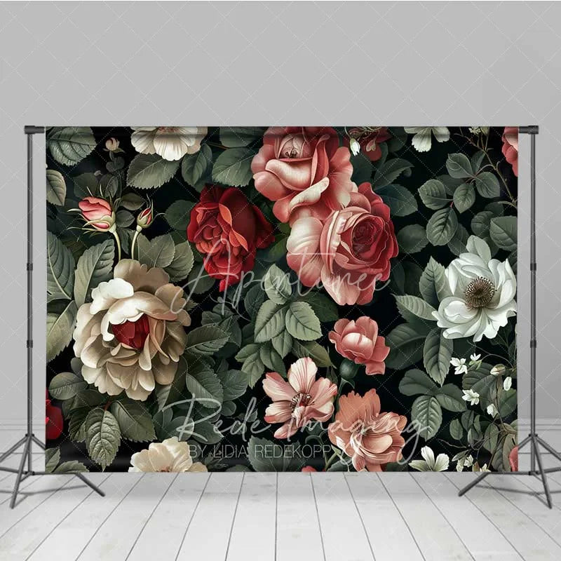 Aperturee - Aperturee Vintage Dark Floral Photography Backdrop Red Pink Roses Pattern Photo Background Moody Romantic Photo Prop