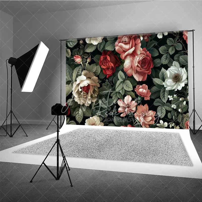 Aperturee - Aperturee Vintage Dark Floral Photography Backdrop Red Pink Roses Pattern Photo Background Moody Romantic Photo Prop