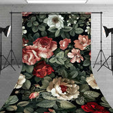 Aperturee - Aperturee Vintage Dark Floral Sweep Backdrop Moody Red Roses Pattern Photography Floor Mat Romantic Garden Decoration