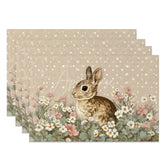 Aperturee - Aperturee Vintage Easter Bunny Set of 4 Placemats Watercolor Rabbit Spring Floral Table Mats for Party