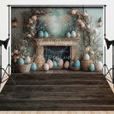 Aperturee - Aperturee Vintage Fireplace Easter Combo Set Backdrop Pastel Eggs and Floral Arch Photography Studio Background
