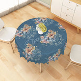 Aperturee - Aperturee Vintage Floral Bouquet Pattern Round Tablecloth Rustic Blue Linen Style Dining Decor