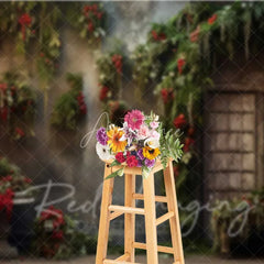 Aperturee - Aperturee Vintage Floral Christmas Backdrop Hanging Greenery Red Berries Old Window Photo Background