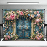 Aperturee - Aperturee Vintage Floral Doorway Photography Backdrop Blue Door with Pink Flowers Secret Garden Wedding Photo Background