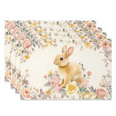 Aperturee - Aperturee Vintage Floral Easter Bunny Set of 4 Placemats Pink Rose Rabbit Spring Table Mats for Party