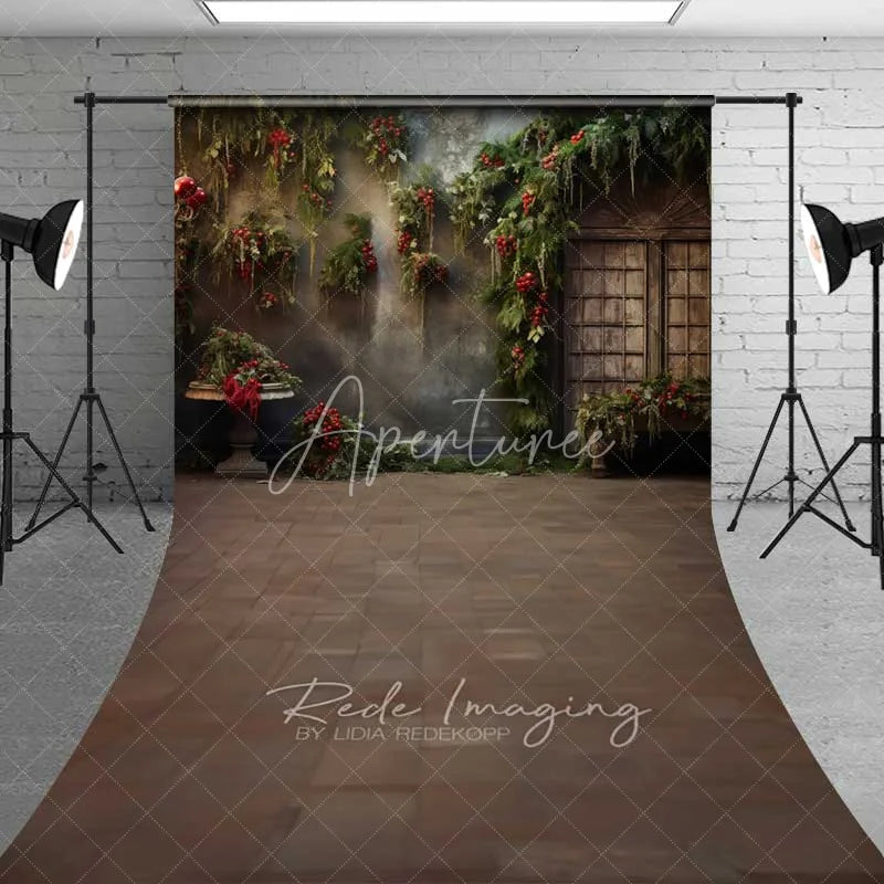 Aperturee - Aperturee Vintage Floral Grunge Sweep Backdrop Hanging Greenery Red Berries Old Window Floor Photo Background