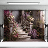 Aperturee - Aperturee Vintage Floral Staircase Photography Backdrop Elegant Garden Wedding and Portrait Decor