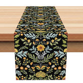 Aperturee - Aperturee Vintage Floral Table Runner Black with Yellow and Green Botanical Print William Morris Inspired Decor
