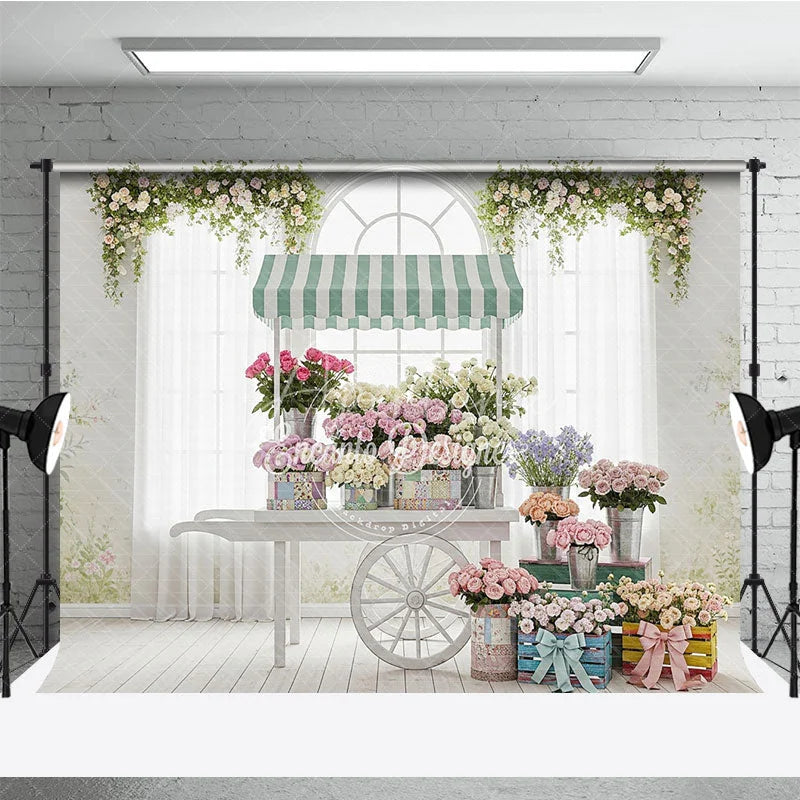 Aperturee - Aperturee Vintage Flower Cart Photography Backdrop with Striped Awning Arched Window and Pastel Roses for Spring Baby Shower