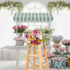 Aperturee - Aperturee Vintage Flower Cart Photography Backdrop with Striped Awning Arched Window and Pastel Roses for Spring Baby Shower