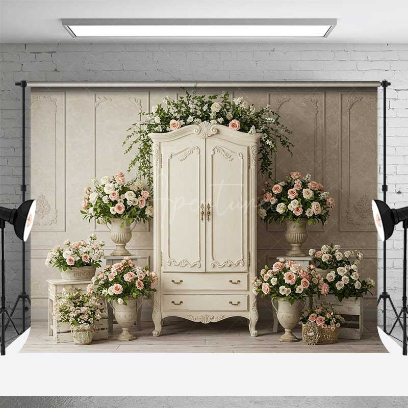 Aperturee Aperturee Vintage French Armoire Wedding Backdrop Elegant White Wardrobe with Roses Shabby Chic Bridal Shower Photo Prop