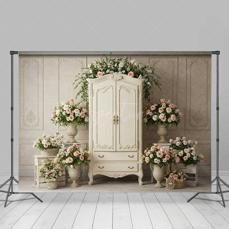 Aperturee Aperturee Vintage French Armoire Wedding Backdrop Elegant White Wardrobe with Roses Shabby Chic Bridal Shower Photo Prop