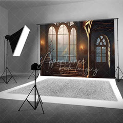 Aperturee - Aperturee Vintage Gothic Window View Photography Backdrop Mountain Landscape Old Room Background Fantasy Architecture Photo Prop