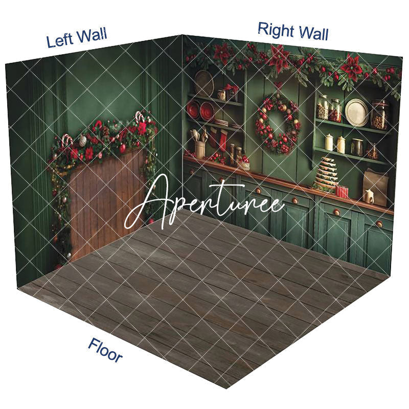 Aperturee - Aperturee Vintage Green Christmas Kitchen Room Set Backdrop