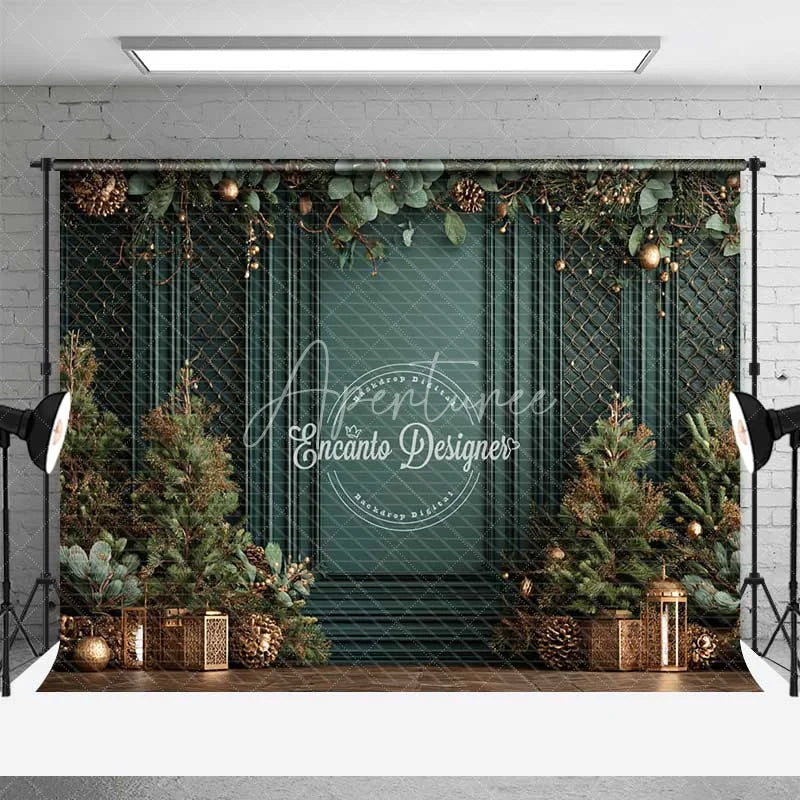 Aperturee - Aperturee Vintage Green Wall Christmas Backdrop Gold Lattice Lanterns Photography Background