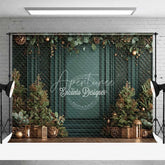 Aperturee - Aperturee Vintage Green Wall Christmas Backdrop Gold Lattice Lanterns Photography Background